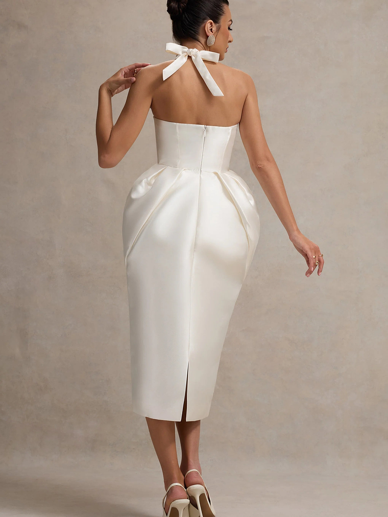 Cosetta | White Halter-Neck Midi Dress With Tulip Skirt 2