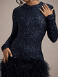 Claudia | Navy Sequin High Neck Feather Hem Mini Dress With Long Sleeves - thumbnail 7