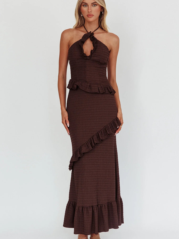 Clemence Smocked Frill Trim Maxi Dress Chocolate 4