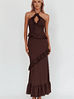 Clemence Smocked Frill Trim Maxi Dress Chocolate - thumbnail 4