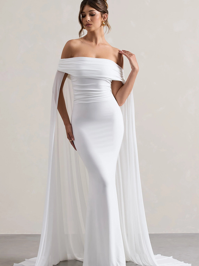 Carlotta | White Bardot Maxi Dress With Chiffon Cape 1