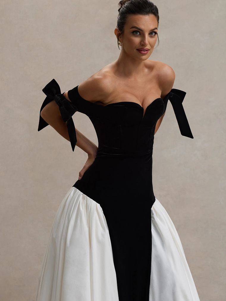 Cyndi | Black & Cream Velvet Bardot Maxi Dress With Volume Skirt 3