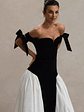 Cyndi | Black & Cream Velvet Bardot Maxi Dress With Volume Skirt - thumbnail 3