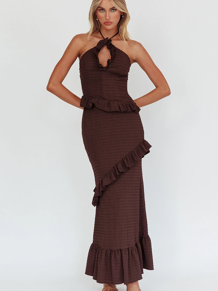 Clemence Smocked Frill Trim Maxi Dress Chocolate 5