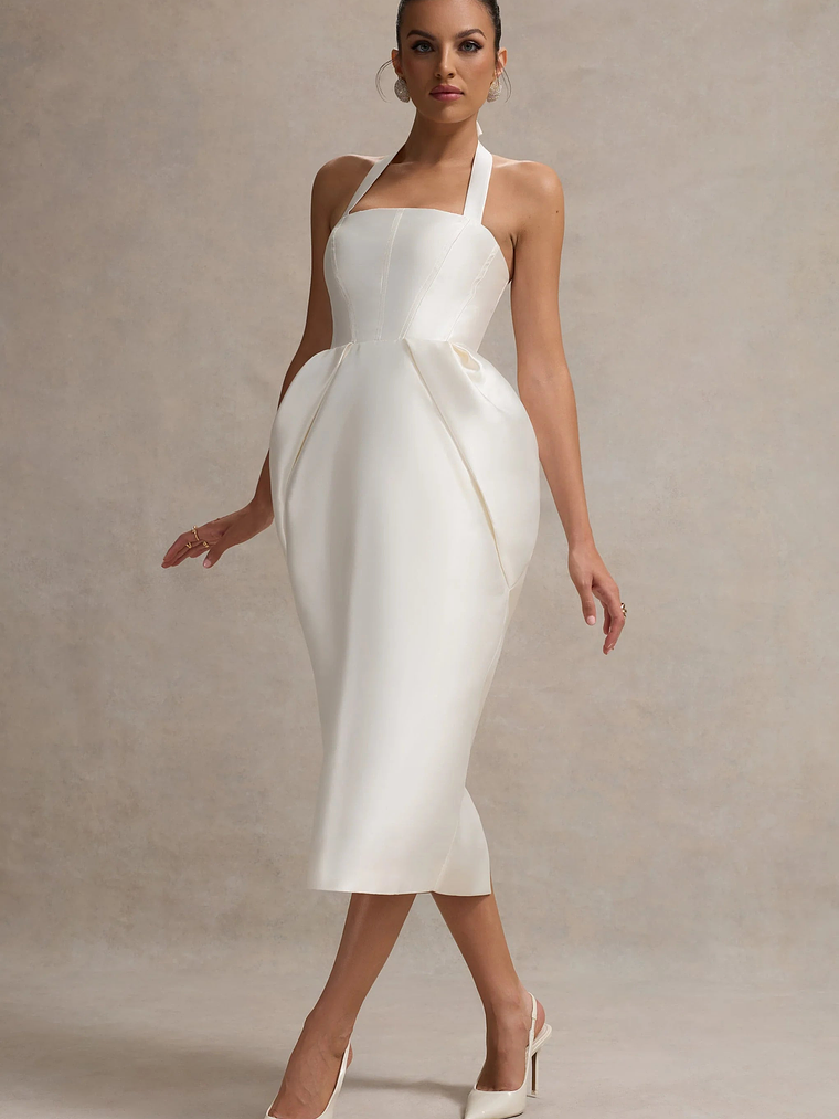 Cosetta | White Halter-Neck Midi Dress With Tulip Skirt 4