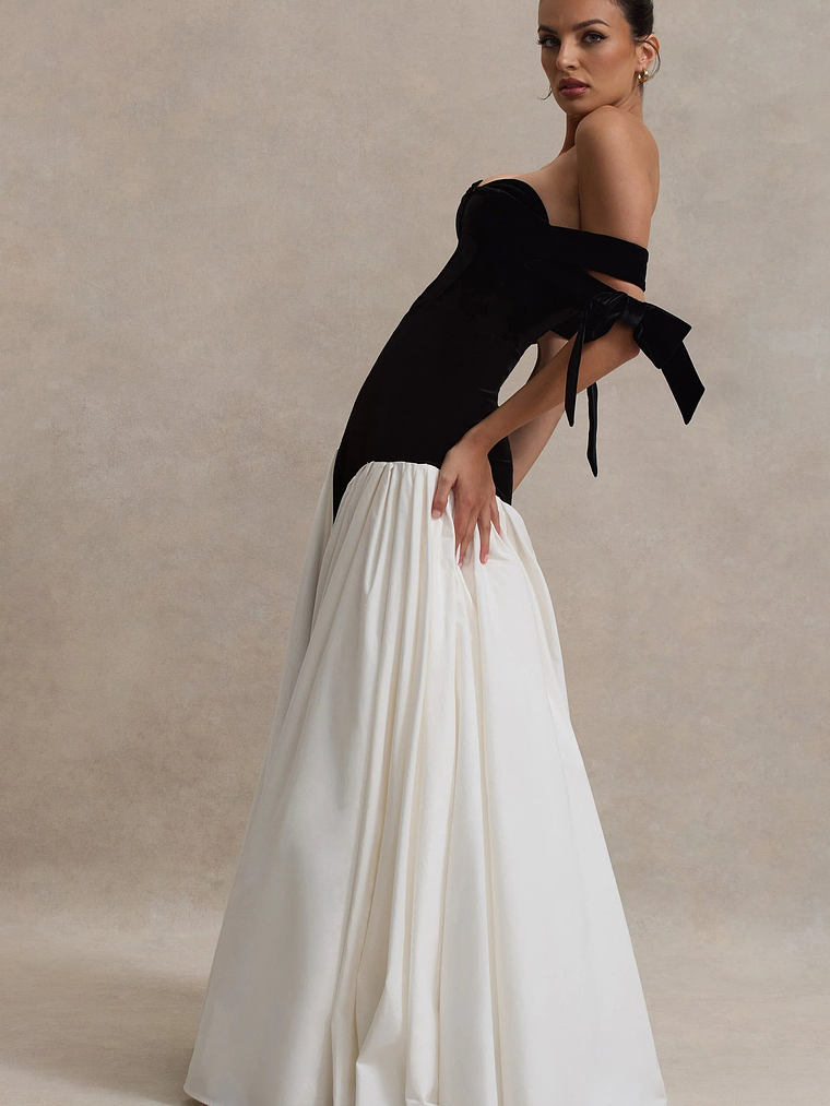 Cyndi | Black & Cream Velvet Bardot Maxi Dress With Volume Skirt 4