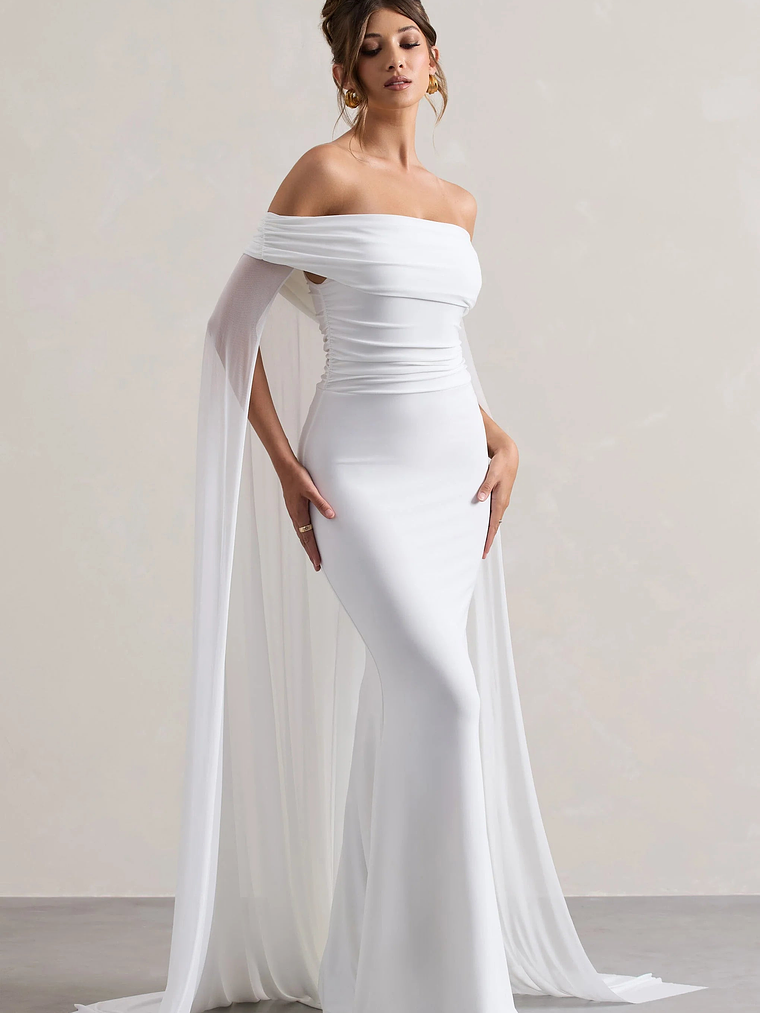 Carlotta | White Bardot Maxi Dress With Chiffon Cape 4