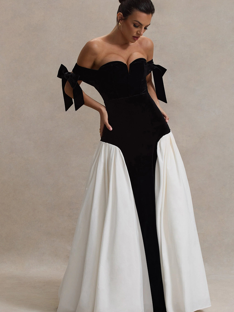 Cyndi | Black & Cream Velvet Bardot Maxi Dress With Volume Skirt 5
