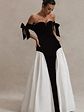Cyndi | Black & Cream Velvet Bardot Maxi Dress With Volume Skirt - thumbnail 5