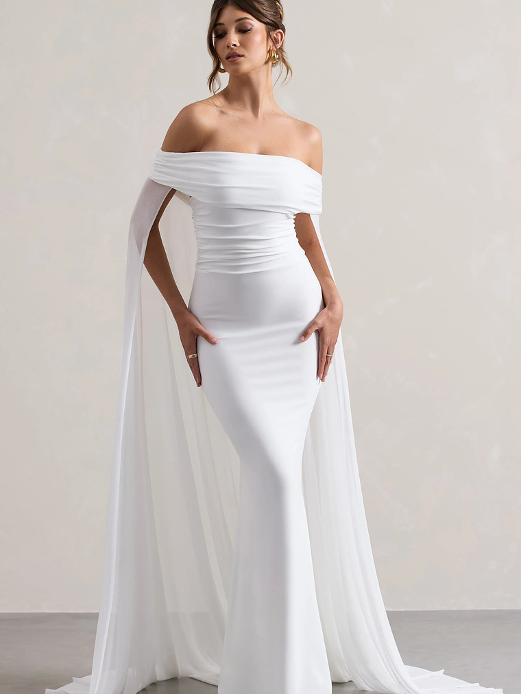 Carlotta | White Bardot Maxi Dress With Chiffon Cape 5
