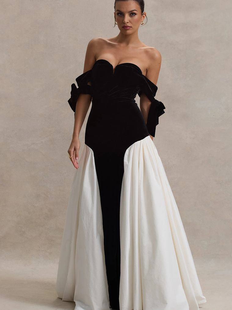 Cyndi | Black & Cream Velvet Bardot Maxi Dress With Volume Skirt 6