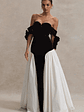 Cyndi | Black & Cream Velvet Bardot Maxi Dress With Volume Skirt - thumbnail 6