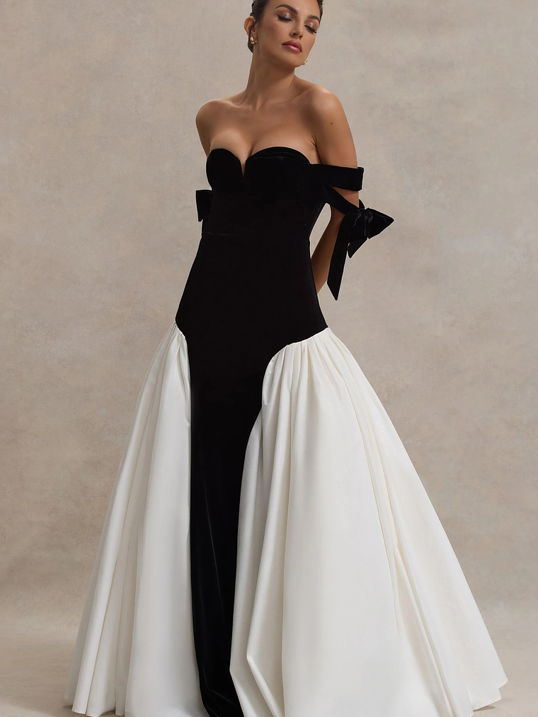 Cyndi | Black & Cream Velvet Bardot Maxi Dress With Volume Skirt 7