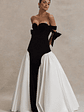 Cyndi | Black & Cream Velvet Bardot Maxi Dress With Volume Skirt - thumbnail 7