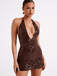 Cecilia Deep V Sequin Mini Dress - Dark Chocolate - thumbnail 9
