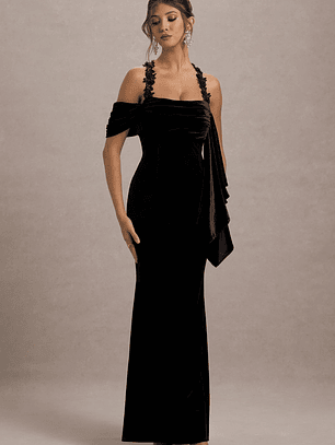 Charlize | Black Velvet Halter-Neck Draped Maxi Dress