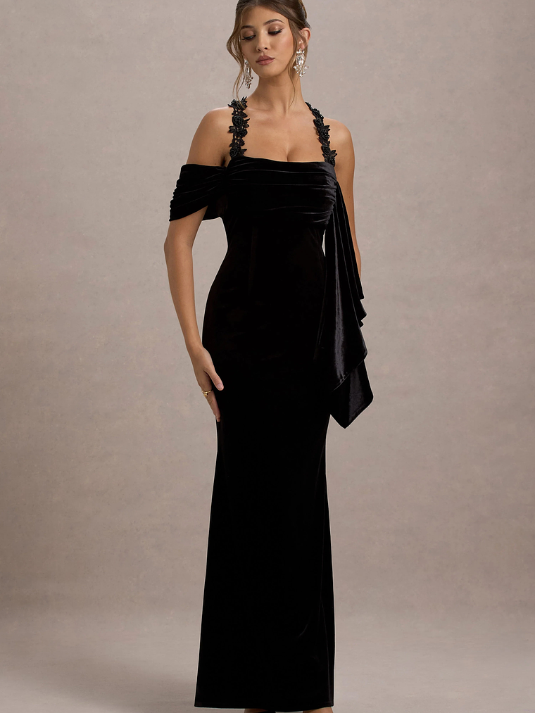 Charlize | Black Velvet Halter-Neck Draped Maxi Dress 1