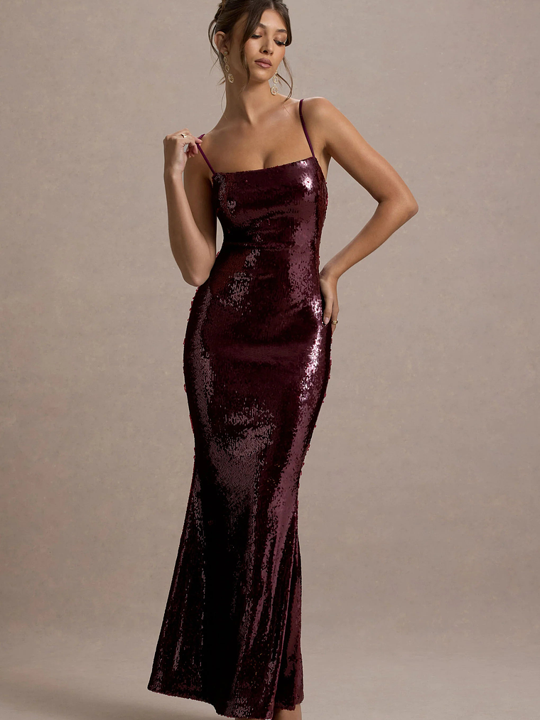 Crystalline | Berry Sequin Strappy Maxi Dress 4