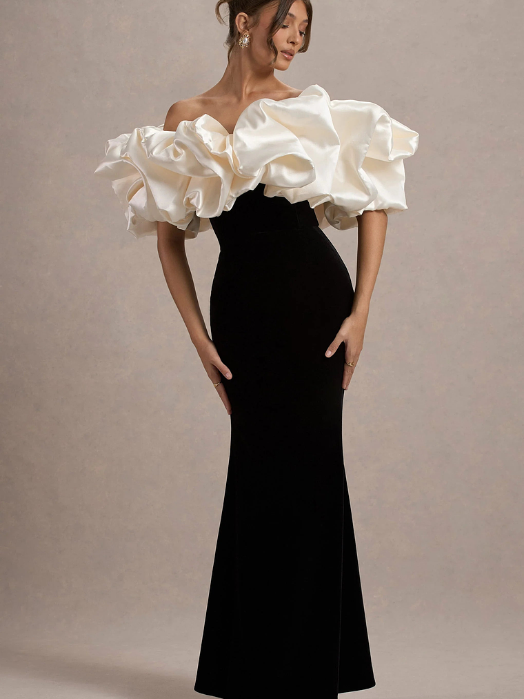 Cecily | Black Velvet Bardot Maxi Dress With Satin Ruffle Trim 1