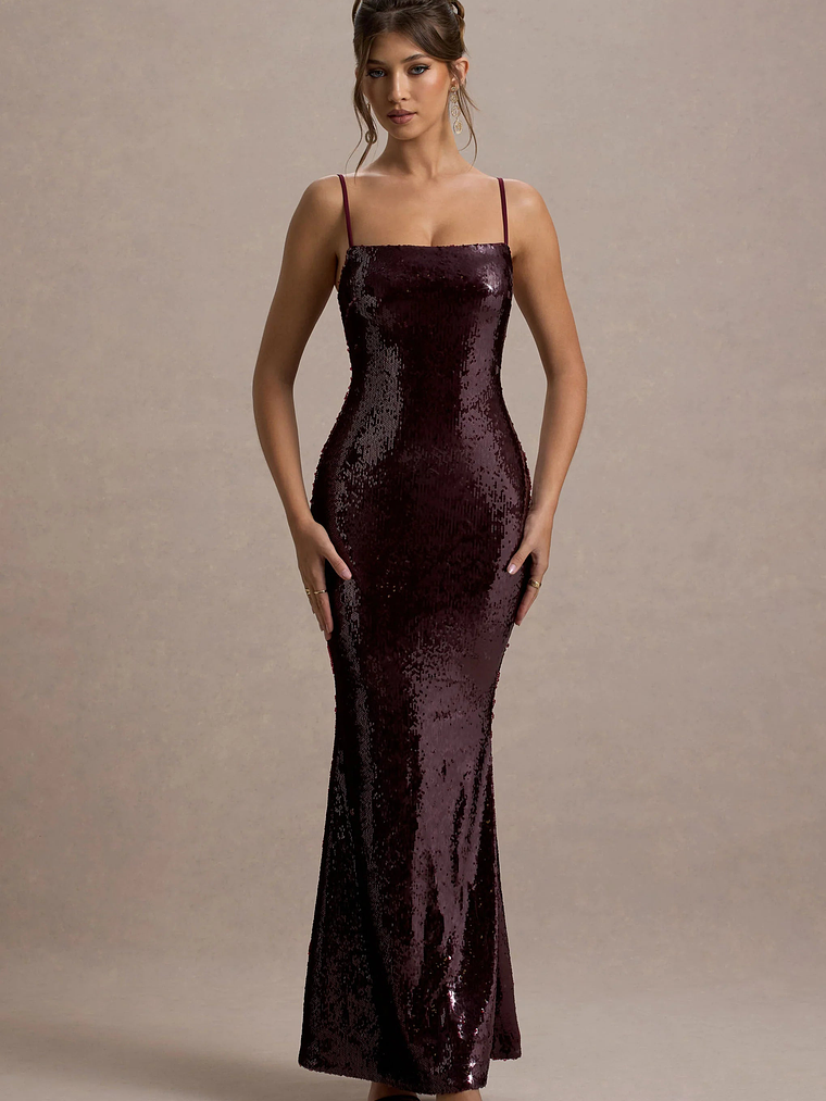 Crystalline | Berry Sequin Strappy Maxi Dress 6