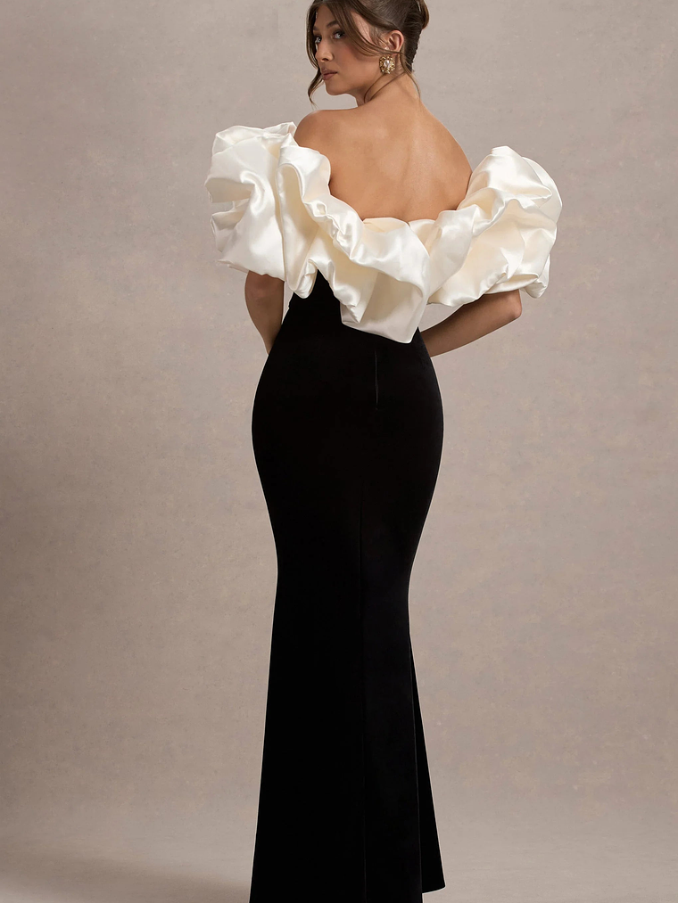 Cecily | Black Velvet Bardot Maxi Dress With Satin Ruffle Trim 2