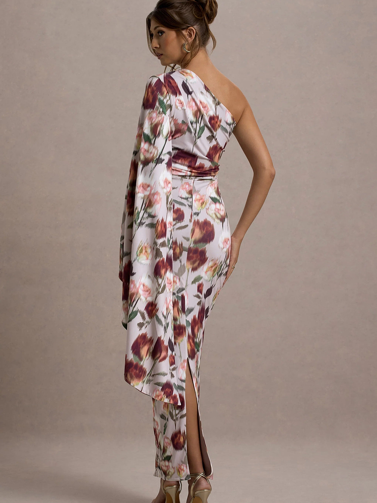 Clementina | Cream Floral Print Asymmetric Cape Sleeve Maxi Dress 2