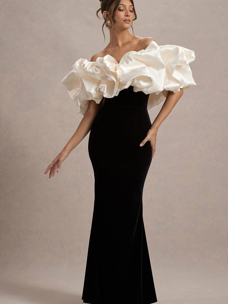 Cecily | Black Velvet Bardot Maxi Dress With Satin Ruffle Trim 5