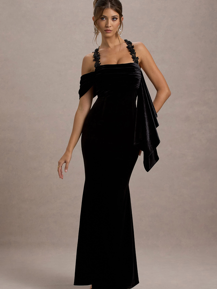 Charlize | Black Velvet Halter-Neck Draped Maxi Dress 6