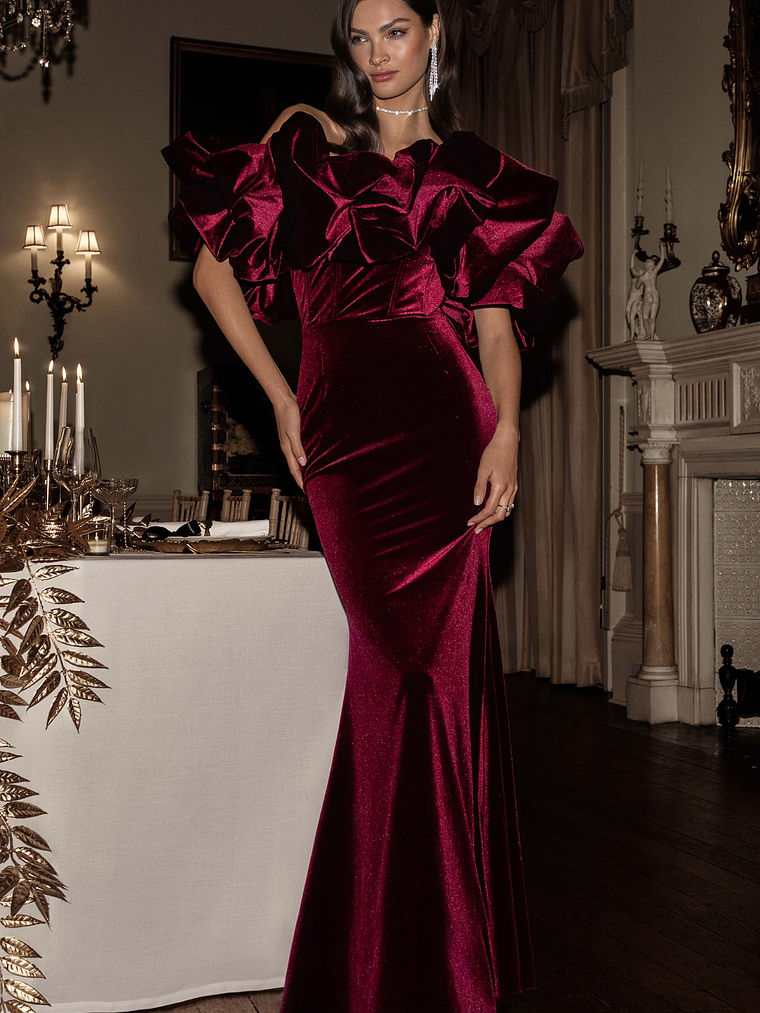 Cecily | Red Velvet Bardot Maxi Dress With Satin Ruffle Trim 1