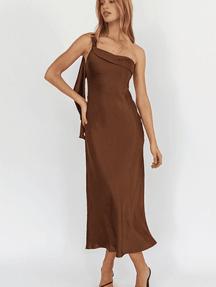 Carmel One-Shoulder Sash Maxi Dress Chocolate