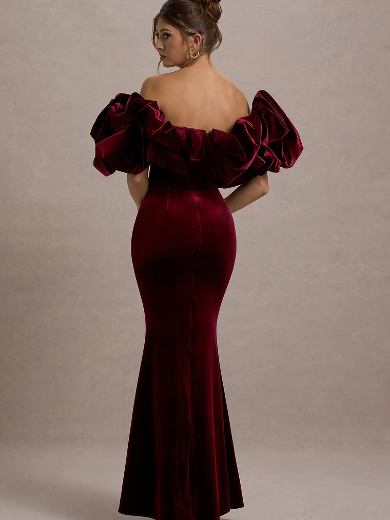 Cecily | Red Velvet Bardot Maxi Dress With Satin Ruffle Trim 2