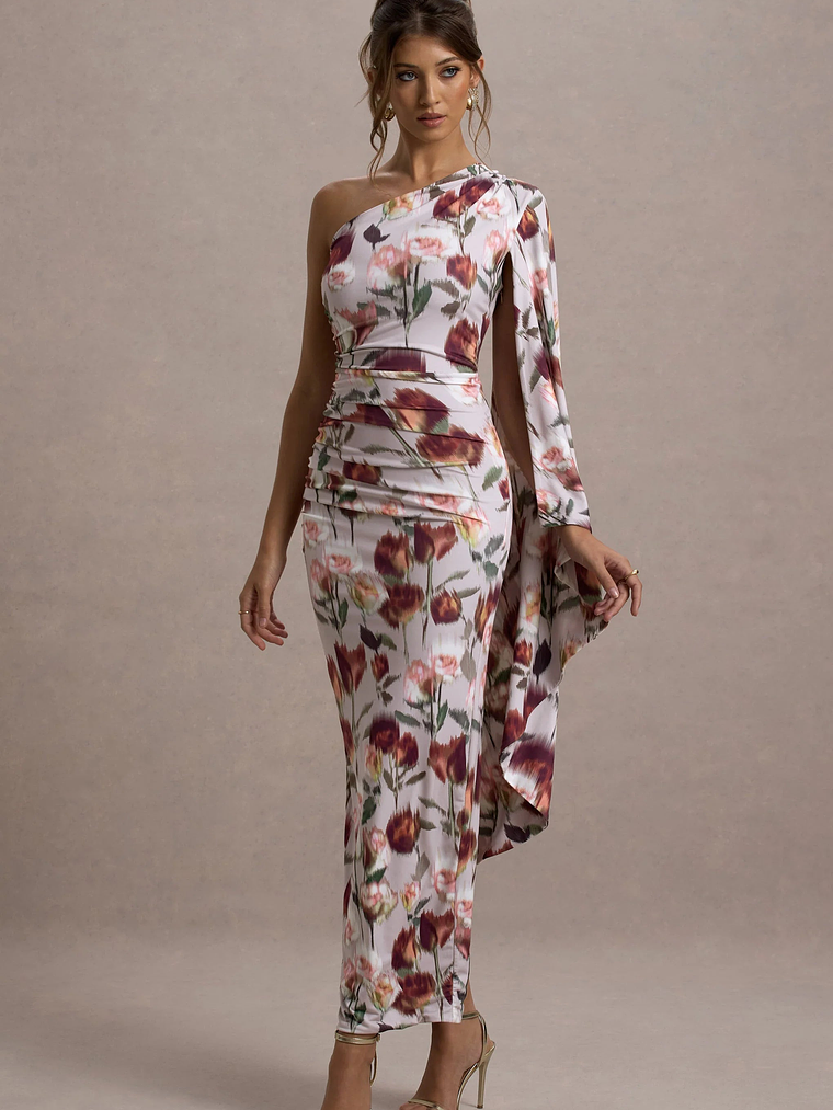 Clementina | Cream Floral Print Asymmetric Cape Sleeve Maxi Dress 4