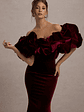 Cecily | Red Velvet Bardot Maxi Dress With Satin Ruffle Trim - thumbnail 3
