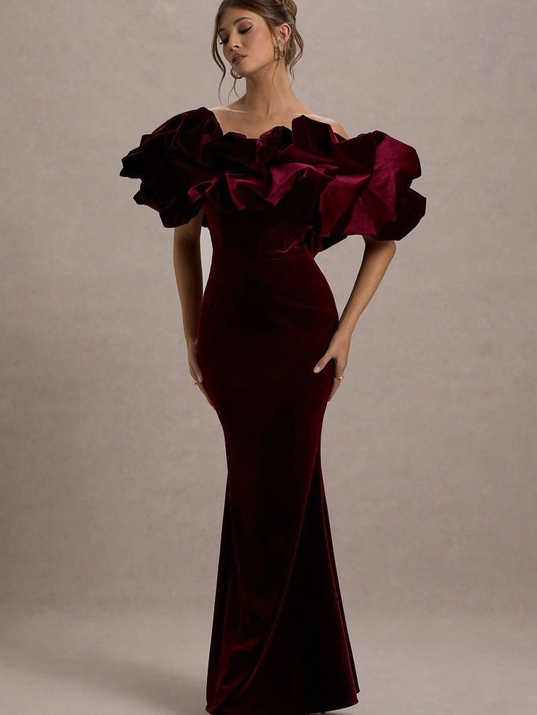 Cecily | Red Velvet Bardot Maxi Dress With Satin Ruffle Trim 4