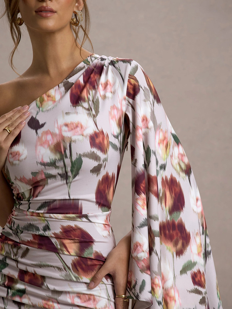 Clementina | Cream Floral Print Asymmetric Cape Sleeve Maxi Dress 5