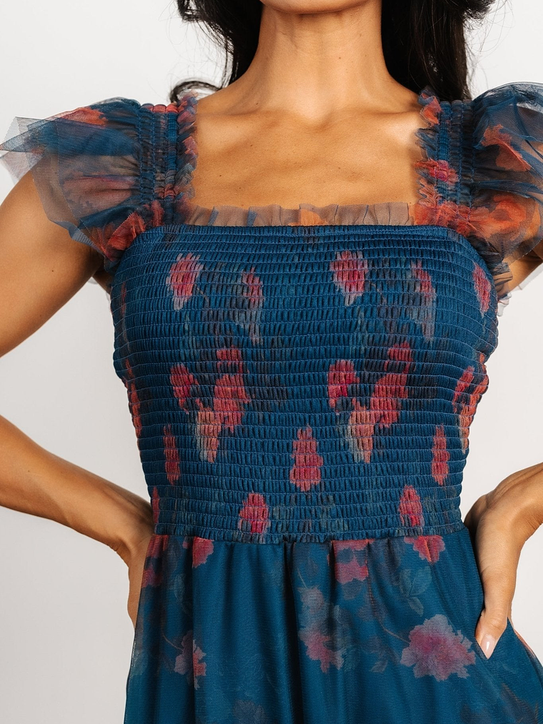 Clementine Tulle Midi Dress | Persian Blue + Rust 2