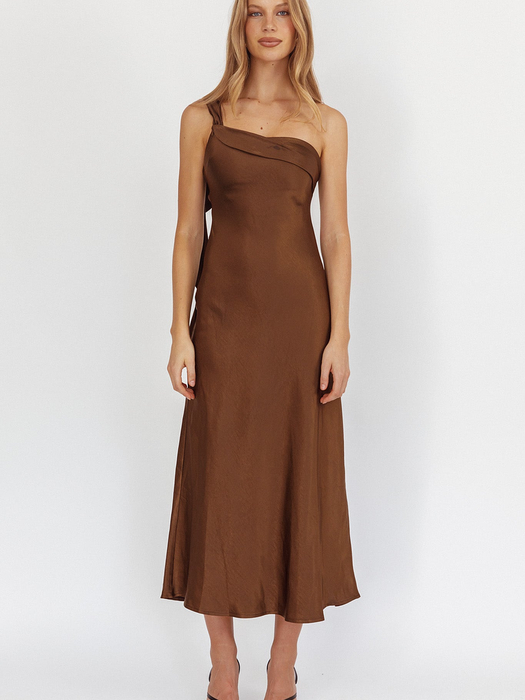 Carmel One-Shoulder Sash Maxi Dress Chocolate 5