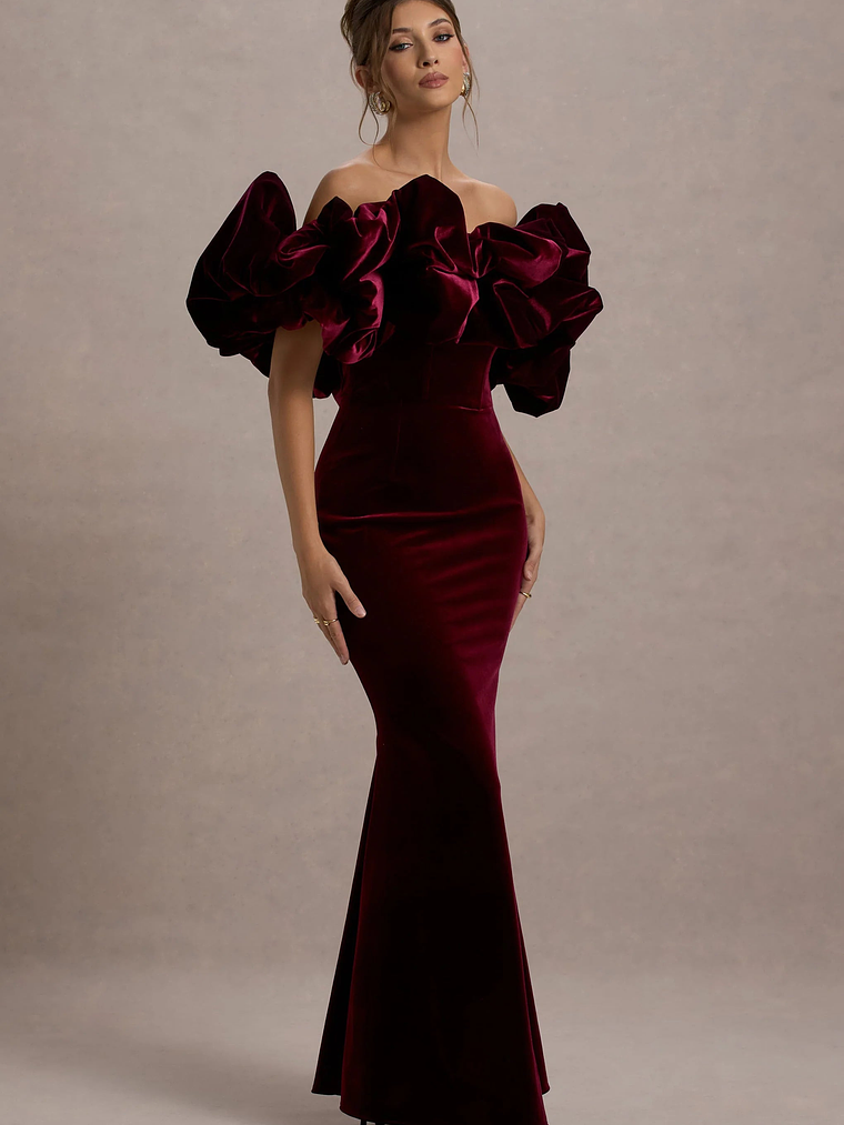 Cecily | Red Velvet Bardot Maxi Dress With Satin Ruffle Trim 5