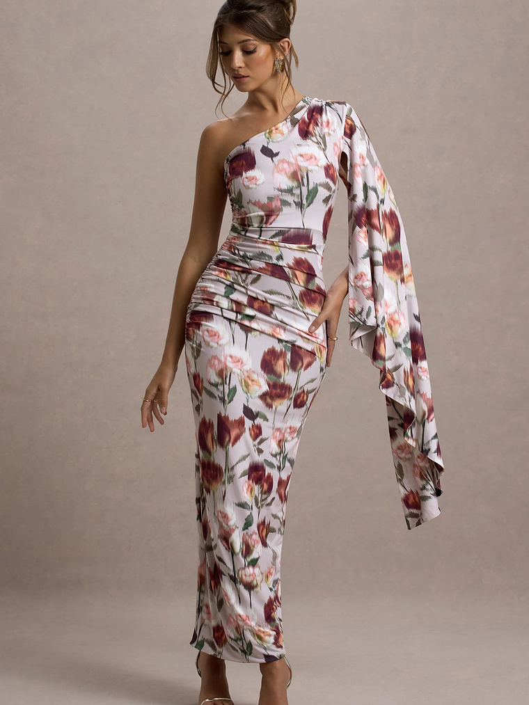 Clementina | Cream Floral Print Asymmetric Cape Sleeve Maxi Dress 6