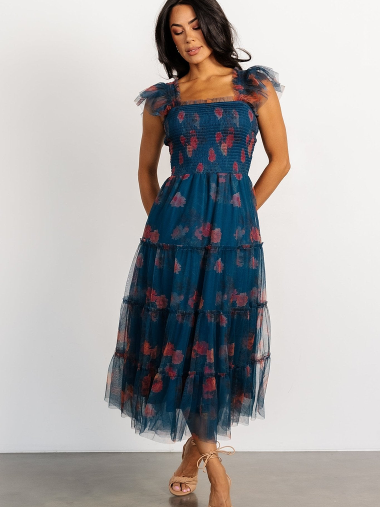 Clementine Tulle Midi Dress | Persian Blue + Rust 5