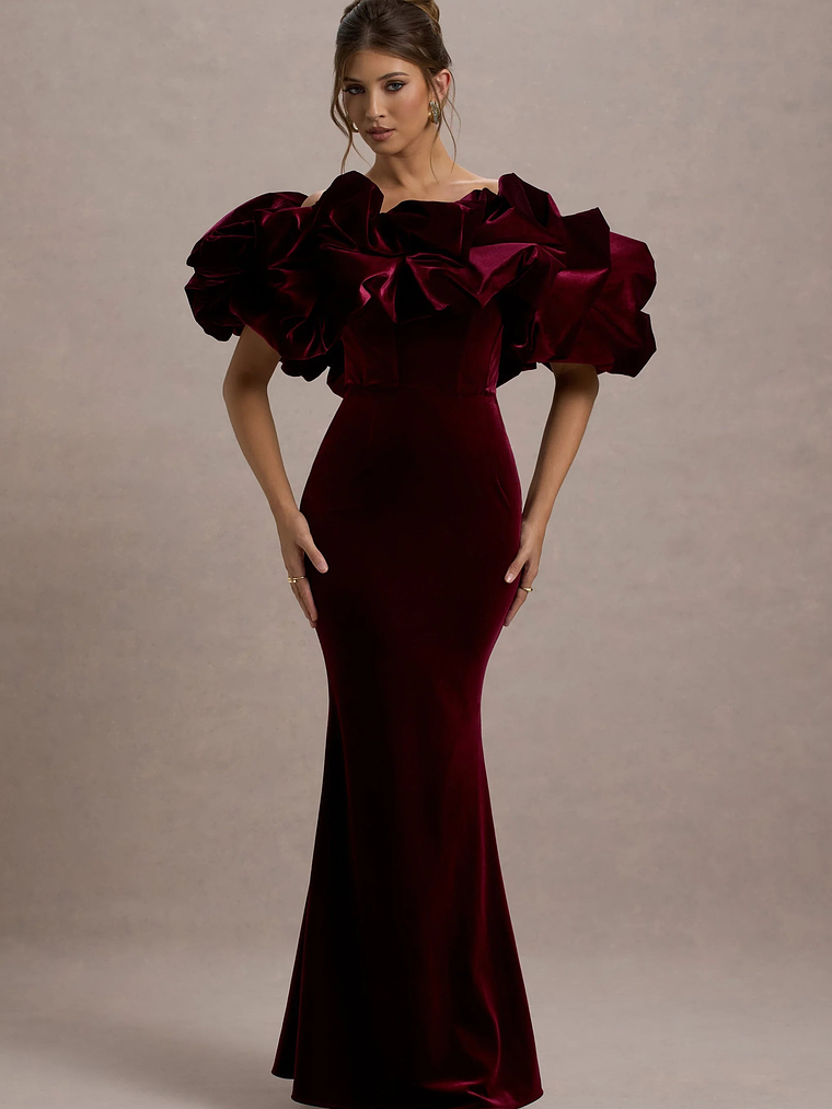 Cecily | Red Velvet Bardot Maxi Dress With Satin Ruffle Trim 7