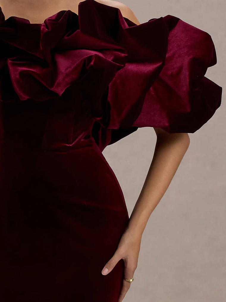 Cecily | Red Velvet Bardot Maxi Dress With Satin Ruffle Trim 8