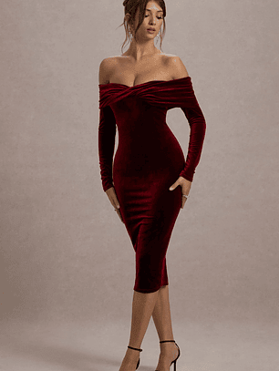 Compliment | Berry Velvet Bardot Midi Dress