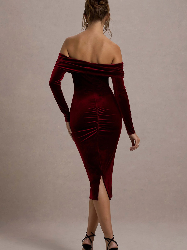Compliment | Berry Velvet Bardot Midi Dress 2