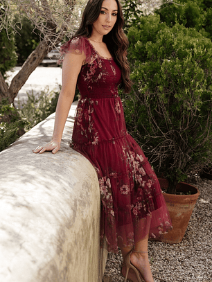 Clementine Tulle Midi Dress | Wine Multi