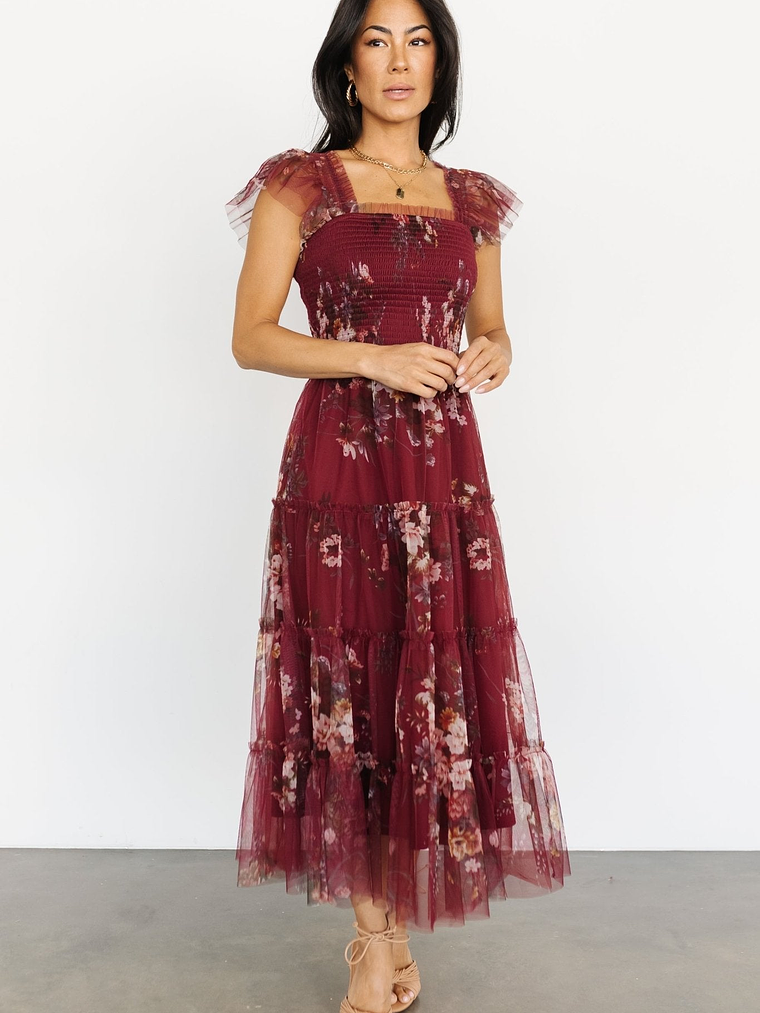 Clementine Tulle Midi Dress | Wine Multi 2
