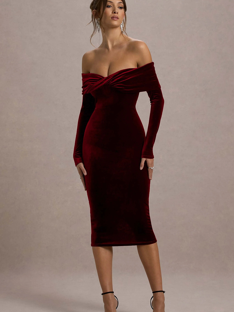 Compliment | Berry Velvet Bardot Midi Dress 4