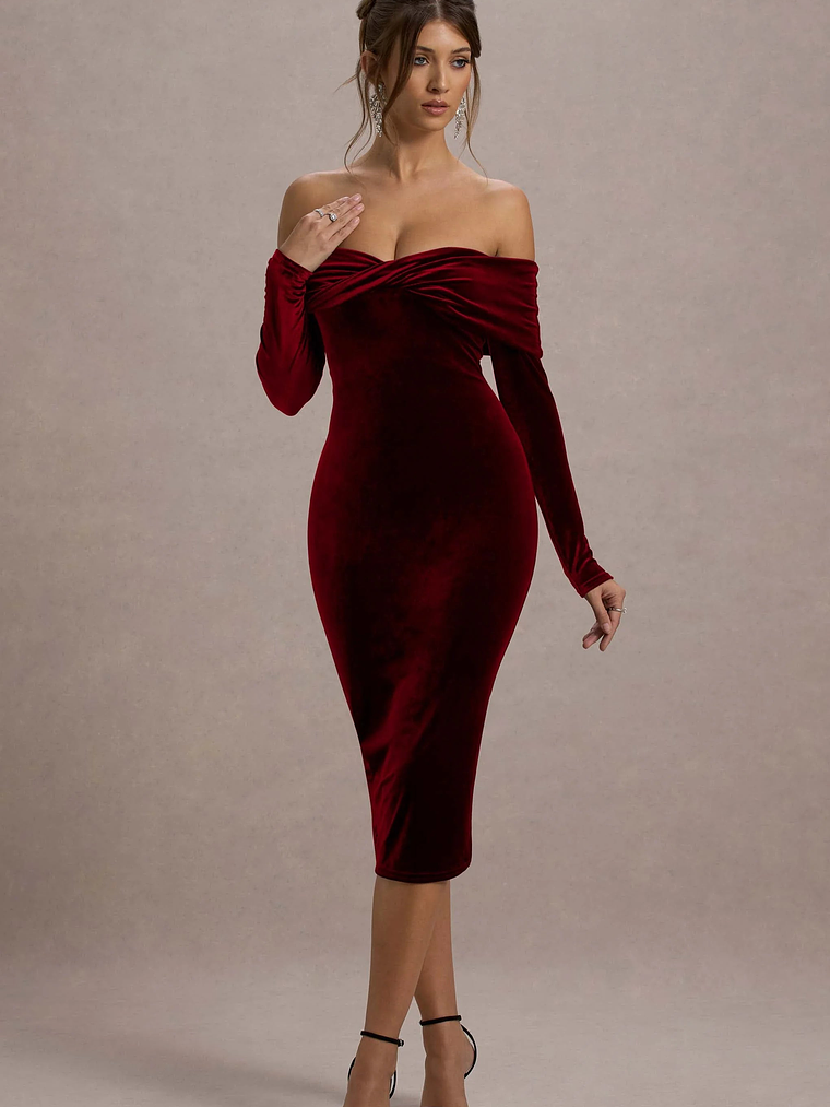 Compliment | Berry Velvet Bardot Midi Dress 5