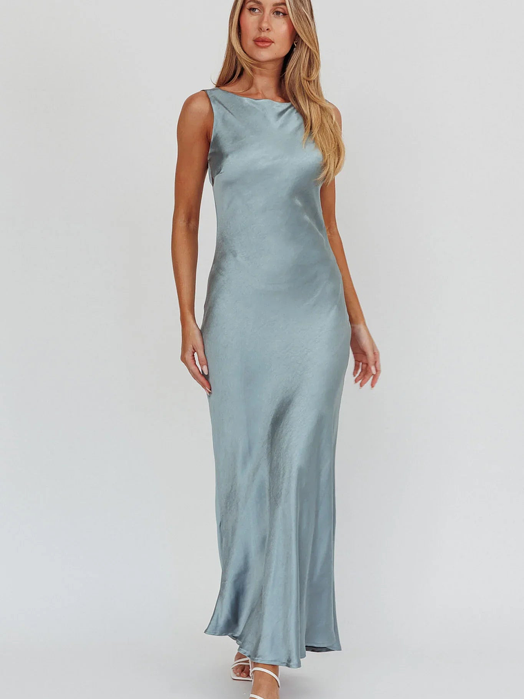 Carmine Satin Sleeveless Maxi Dress Blue 1