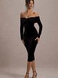 Compliment | Black Velvet Bardot Midi Dress - thumbnail 1